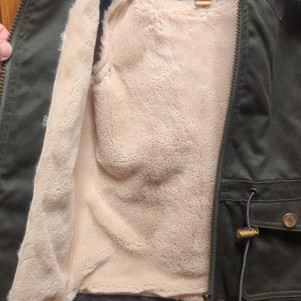 Powder River Outfitters PanhandleSlimGirls Sz S Olive Faux Fur Lined Hooded Vest